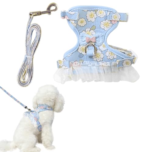 Cat Harness and Leash Set, Sweet Floral Kitten Collar, Escape Proof Small Dog Harness with Organza Ruffles, Cute Blue Dog ...