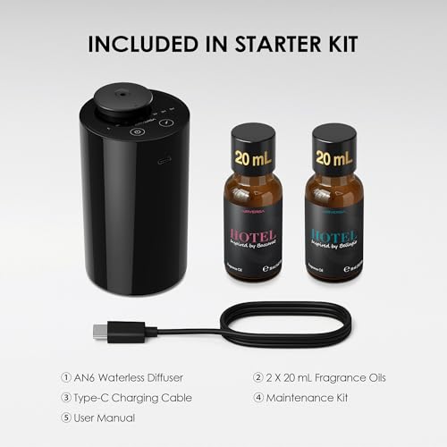 Airversa Waterless Essential Oil Diffuser Starter Kit with 2x20mL Hotel Fragrance Oils for Car Home Office, Cordless Batte...