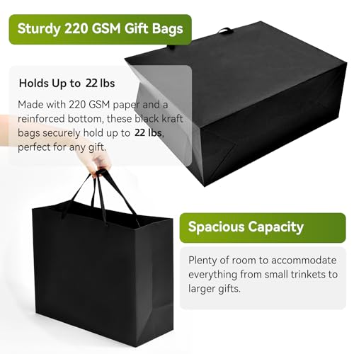 GEGIBOA Black Gift Bags With Handles 6 Pcs, 12.5x4.5x11 Inch Sturdy Kraft Paper Gift Bags, Bulk for Wedding, Party, Birthd...