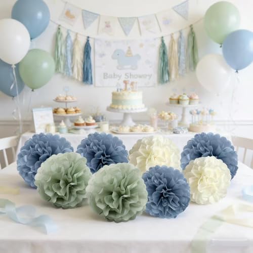 Sage-Green Dusty Blue Ivory Party-Decorations - 10-Pack Blue Green Boho Tissue Pom Poms Paper Flowers Wedding Centerpieces...