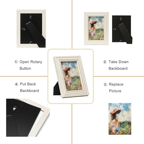 Wontree 4x6 Picture Frame in Beige with Classic Gold Beaded Border, Solid Wood with Real Glass, Vertical and Horizontal De...