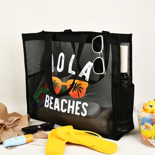 KUIRAN 30L Large Beach Bag with Pouch Foldable Sandproof Lightweight Mesh Tote Bag with Two Pockets for Swimming Travel