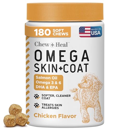 Omega 3 Fish Oil for Dogs - 180 Soft Chews for Itch Relief, Shedding & Hot Spots - Skin and Coat Supplement - Salmon Oil, ...