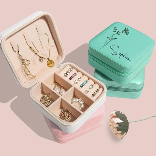 Ships Next Day, Custom Travel Jewelry Box with Name Birth Flower, Birthday Gifts for Women, Bridesmaid Proposal Gifts Pers...