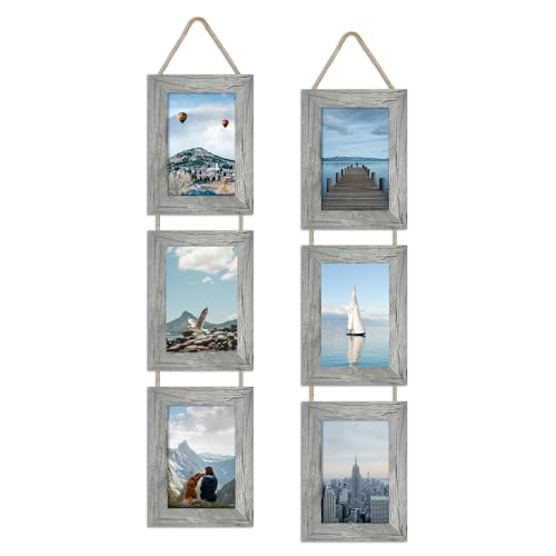 ccdcc 4x6 Collage Picture Frames Set of 2, Rustic Gray Wooden Real Glass Vertical Hanging 3 Opening 4 by 6 Photo Frame, Grey