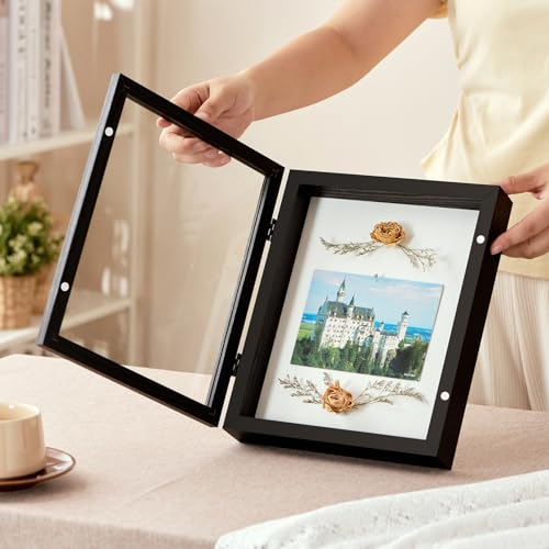 SPESFUTA 8x10 Deep Shadow Box Picture Frame Display Case with Linen Back and Stand,Real Glass Black Shadow Memory Box Fram...