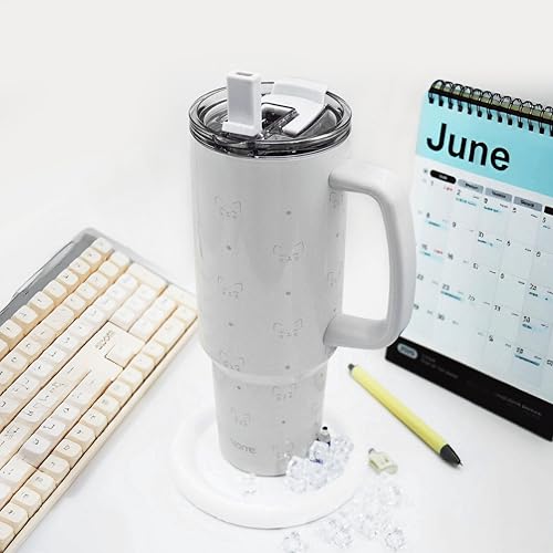 YOME 40 oz Cat Gray Tumbler with Handle and Flip Straw for Women | Stainless Steel Insulated Water Bottle | Keeps Drinks C...