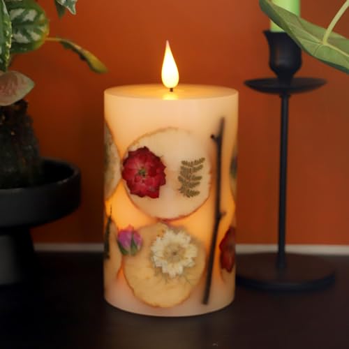 MIYA LIFE Apple Cinnamon Candles with Rose Petals - 3.5" x 6" LED Candle with Real Wax & Dried Flowers - Battery Operated ...