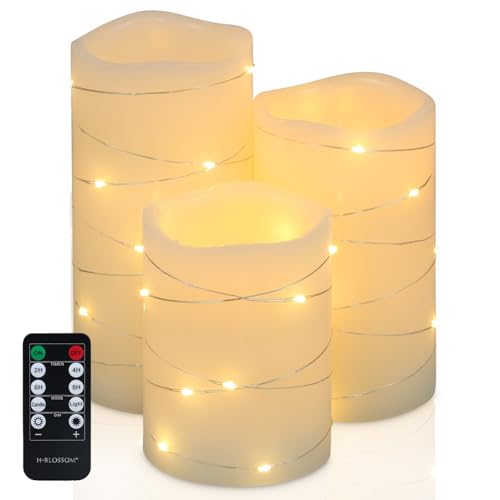 H-BLOSSOM Flickering Flameless Candles Ivory Real Wax Pillar with Embedded String Lights LED Candles Battery Operated with...