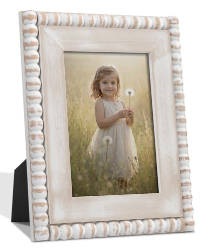 Afuly 5x7 Farmhouse Picture Frame Boho White Beads Photo Frame Wooden Distressed Wall Hanging Desk Standing Decor Artwork ...