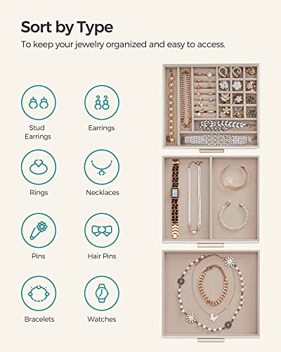 SONGMICS GISELLA Collection - Jewelry Box Organizer, 3-Layer Jewelry Storage with 2 Drawers, Shiny Metal Hardware, Glass L...