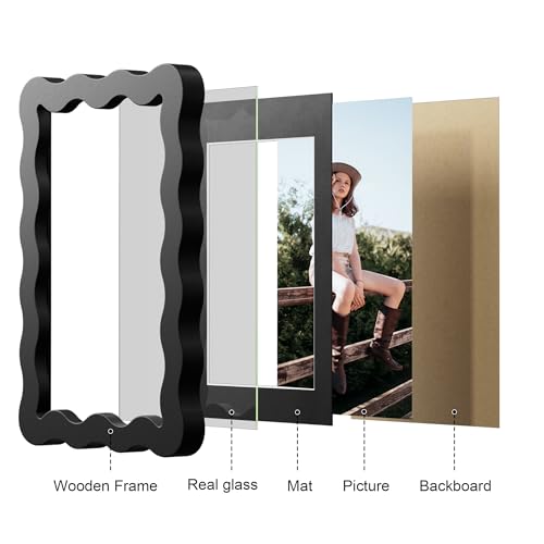 THKRLOF 4x6 Picture Frame with Mat for 3.5x5, Wavy Edge Wooden Real Glass Photo Frame for Tabletop and Wall Hanging, Blac...