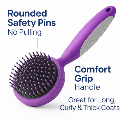 Round Bristle Pet Brush for Dogs and Cats - Soft Dog Brush for Grooming Short or Long Hair - Gentle Tool for Sensitive Ski...