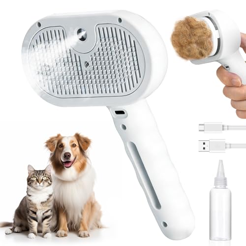 Pet Steam Deshedding Brush for Dogs & Cats – 3-in-1 Self-Cleaning Grooming Comb, Anti-Static Cool Mist Spray, USB Recharge...