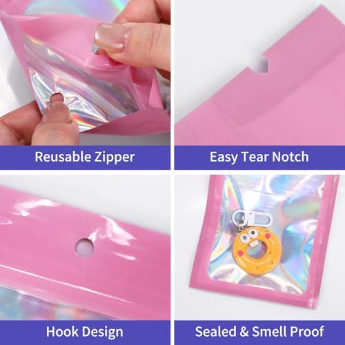 100Pcs 3x4.7 Inch Pink Holographic Bags | Resealable Mylar Pouches for Packaging, Jewelry Storage, Gummies, Cookies & Part...
