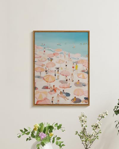 HUARCEY Colorful Seaside Vacation Vibes 12x16 Framed Canvas Wall Art, Retro People and Pink Umbrellas Summer Coastal Prin...