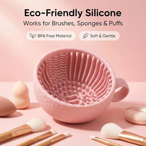 1 PC Silicone Makeup Brush Cleaner Bowl, Portable Brush Washing Tool with Textured Cleaning Pad, Compact Makeup Brush Clea...