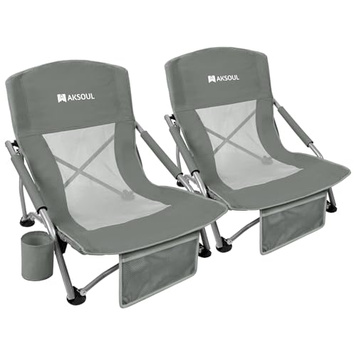 AKSOUL Folding Beach Chair for Adults: Low/High Back Chairs with Carry Bag - Extra Wide Seat Chair with Comfortable Pillow...
