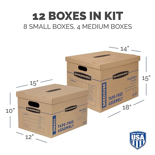 Bankers Box Classic Moving Box 12 Pack Kit, Reinforced Handles, Tape-Free Assembly, Box with Lid, 8 Small and 4 Medium Box...