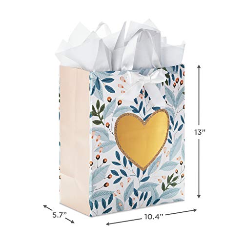 Hallmark 13" Large Gift Bag with Tissue Paper (Green Foliage, Gold Heart) for Weddings, Engagements, Anniversaries, Bridal...