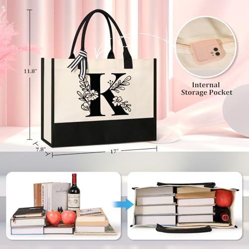 Tecanne Personalized Initial Canvas Tote Bag, Suitable for Birthday, Wedding, Beach, Holiday, Gifts for Women, Mom, Teache...