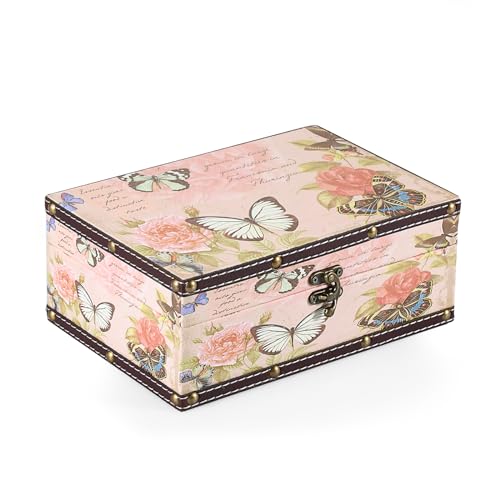 ELLDOO Butterfly Treasure Chest Box, Wooden + PU Leather Storage Decorative Box for Jewelry Trinkets Photos, Rectangular K...
