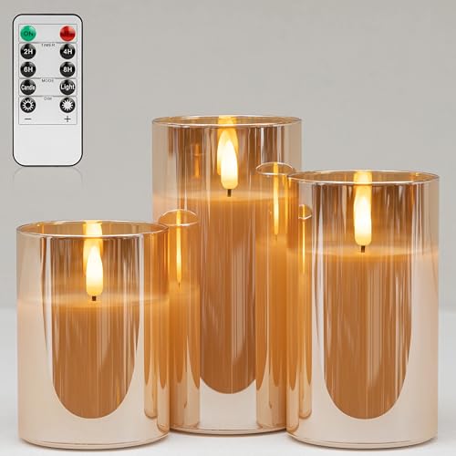 ANGELLOONG Gold Candles for Bathroom Decor, Glass Flameless Candles with Remote, Battery Operated LED Pillar Fake Candles ...