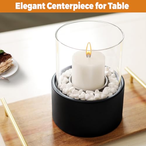 EastFlame Tabletop Hurricane Candleholder with Decorative Stones - Black Metal Candle Holder for 3" Pillar Candles and Sce...