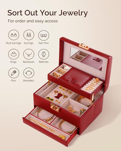 CASEGRACE Jewelry Box,3 Layers Leather Jewelry Storage Box with Lock, Mirror,Jewelry Storage Case for Necklaces Earrings B...