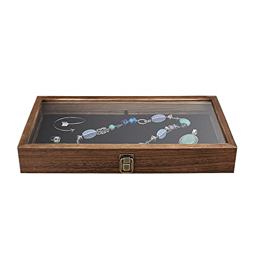 MOOCA Wooden Jewelry Display Case with Tempered Glass Lid and Removable Black Luxurious MDF Velvet Jewelry Display Pad, Po...