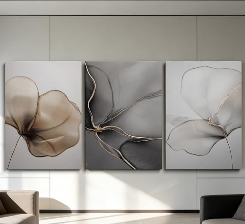 Abstract Floral Canvas Wall Art - Minimalist Gold Line Petal Picture Wall Decor - Modern Neutral Botanical Print Artwork f...