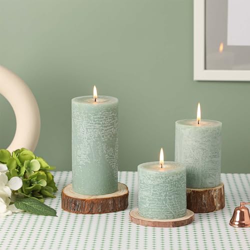 3x4 Inch Sage Green Pillar Candles - Set of 3, Unscented, Long Burning, Smokeless Dripless Candles for Spring Home Decor, ...