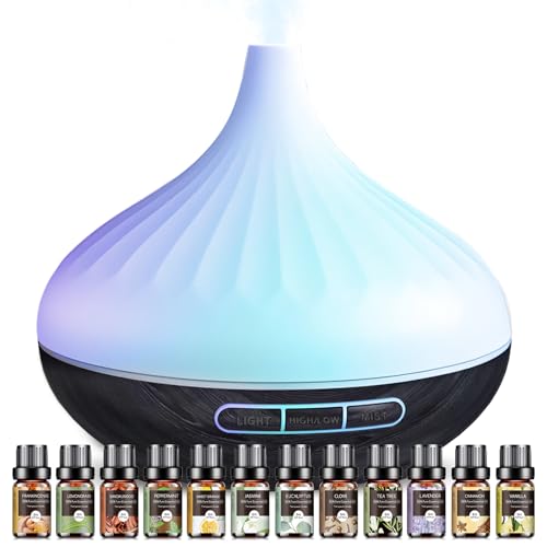 Aroma Diffuser & 12 Pcs Organic Essential Oils Set for Room, 500 ML Ultrasonic Diffuser for Home Cool Mist Humidifier with...