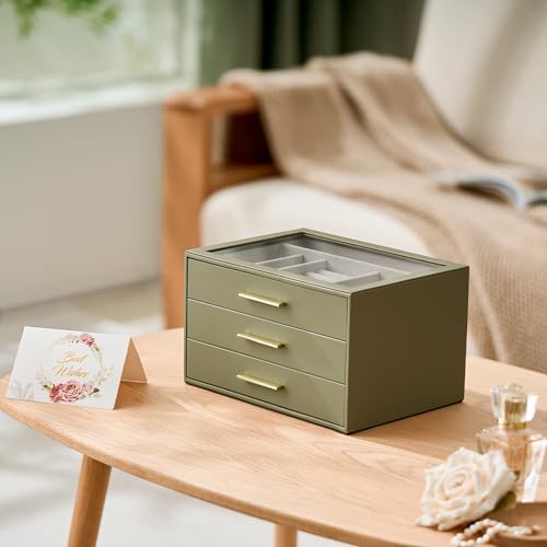 Jewelry Box Organizer Case for Women: 3-Layer Jewelry Storage Case with Glass Window, Olive Green Leather with Cream Velve...