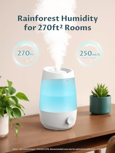 BREEZOME 2.5L Top Fill Humidifiers for Bedroom, 250ml/h Mist Output, 25hrs Humidifiers for Home, 7 Adjustable LED, Essenti...