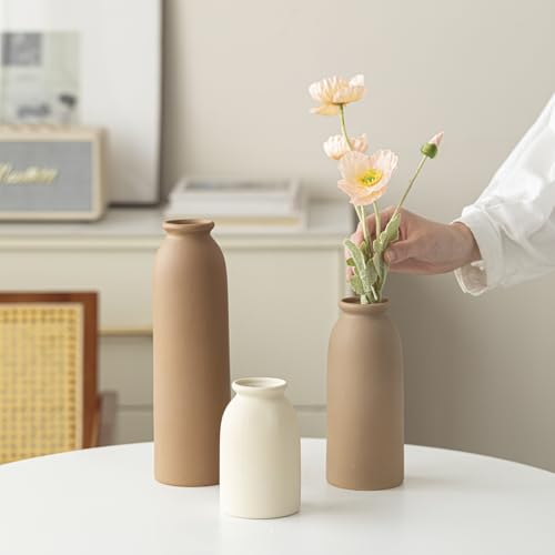 10.4 inches Tall Decorative Ceramic Vase Set, 3 Pieces, Nordic Modern Boho Style, White, Modern Farmhouse for Home Decor (...