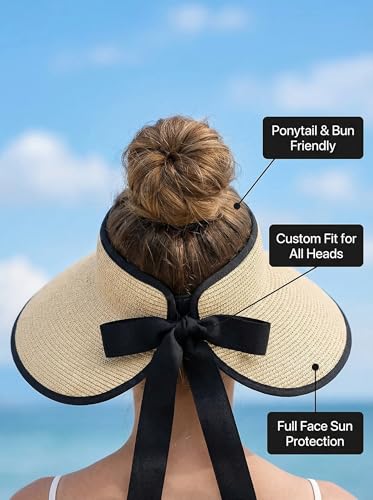 AlturaGo Sun Visor Hat for Women Wide Brim Ponytail Straw Hat UV UPF Summer Beach Vacation Packable Foldable Travel