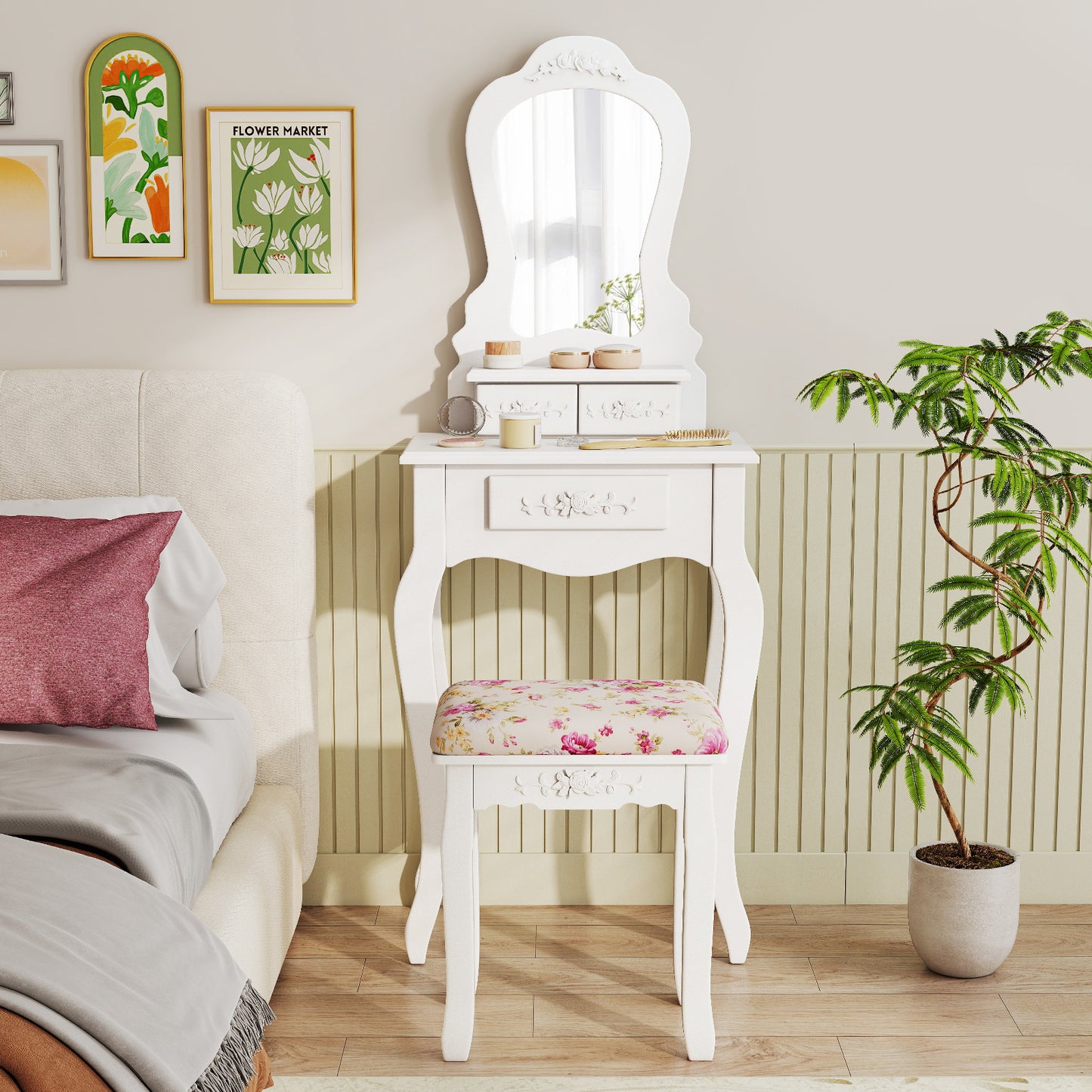 Makeup Dressing Table And Bench 3 Drawers And Cushioned Stool For Girls-White