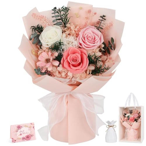 Flowers for Delivery Prime Preserved Flowers Bouquet with Vase That Last 3-5 Years Real Forever Flowers Pink Rose Bouquet ...