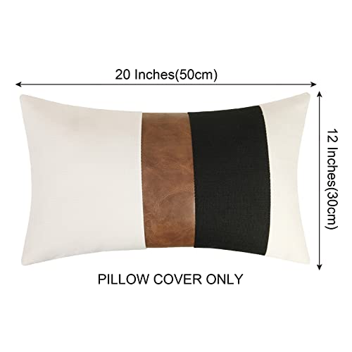 Merrycolor Pack of 2 Thick Black Linen Farmhouse Lumbar Throw Pillow Cover Black Brown Decorative Linen Faux Leather Ticki...