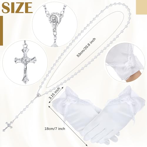 Conelist 3 Pcs First Holy Communion Candle Set for Girls Baptism Taper Candle with Rosary Beads Catholic Necklace Satin Gl...