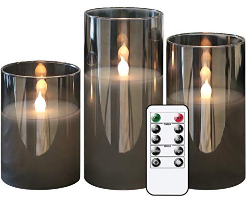 GenSwin Gray Glass Battery Operated Flameless Led Candles with 10-Key Remote and Timer, Real Wax Candles Warm White Flicke...