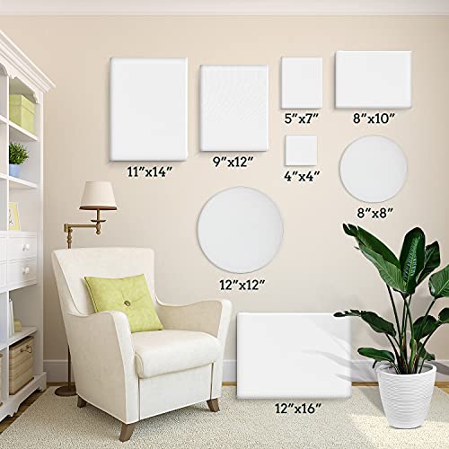 24 Pack Canvases for Painting with 4"x4", 5"x7", 8"x10", 9"x12", 11"x14", 12"x16", Round Canvas with 12"x12", 8"x8", Paint...