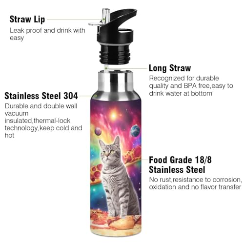 Cat Pizza Planets Space Water Bottle with Straw Lid Kids Insulated Stainless Steel Water Flask Sports, 20 Oz Hot Cold