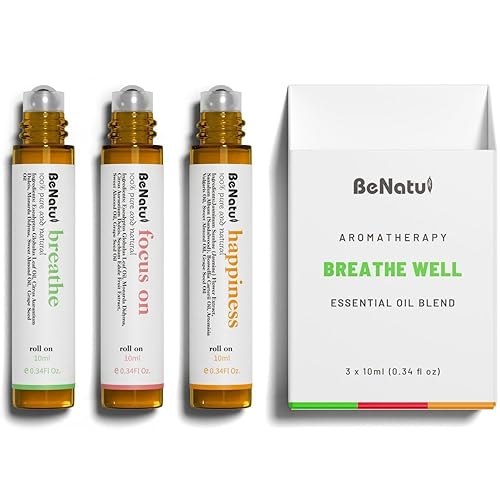 Benatu Essential Oil Blends Set (Breathe, Focus on, Happiness), Natural Aromatherapy Roll On for Massage, Body Skin Care, ...