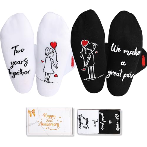 EcoUtens 2nd Anniversary Cotton Gift Set – 2 Pairs of Romantic Cotton Couple Socks with 2 Years Anniversary Card & Gift Bo...