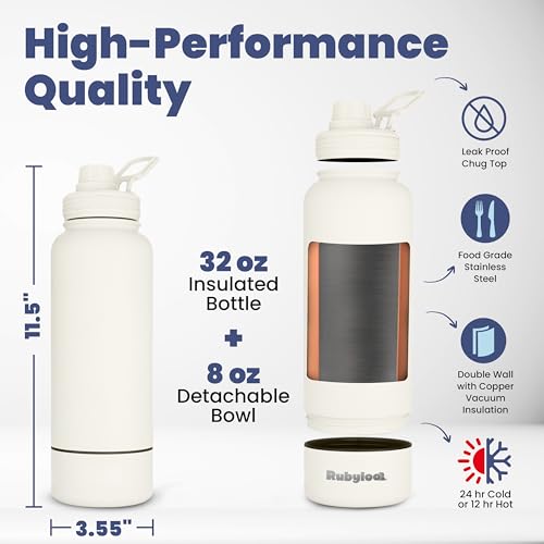 Dog Water Bottle for Dog Lovers - 32 oz Stainless Steel Double Wall Insulated Water Bottle with 8 oz Detachable Bowl on Bo...