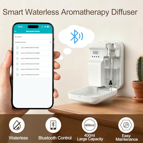 Waterless Essential Oil Diffuser, 2500 Sq Ft Coverage, Bluetooth App Control, No-Noise Wall Mounted Cold Air Scent Machin...