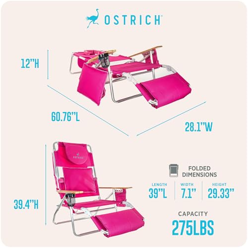 Ostrich the Deluxe 3N1 Lightweight Lawn Beach Reclining Lounge Chair with Footrest, Outdoor Furniture for Patio, Balcony, ...