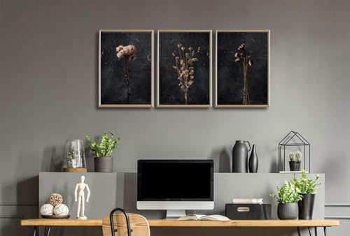 FTQYQLD 3Pcs Moody Dried Flower Wall Art Canvas Prints Dark Moody Botanical Unframed Poster Set Modern Farmhouse Home Deco...